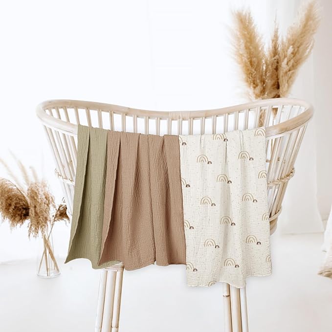 lulumoon Baby Muslin Swaddle Blankets: Soft Receiving Blanket for Newborn - Cotton Swaddling Blanket for Neutral 3Pack(Rainbow Khaiki)
