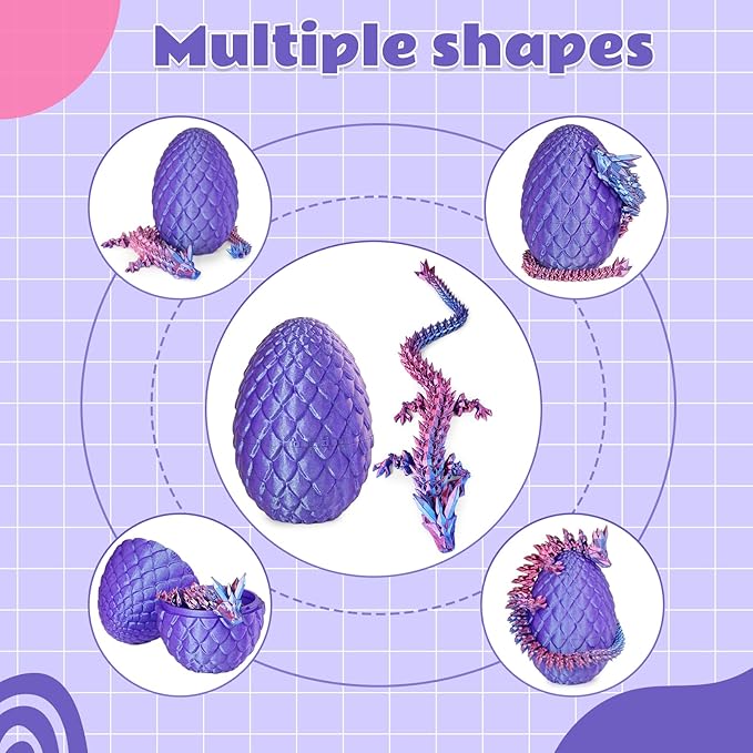 Dragon Eggs with Dragon Inside, 3D Printed Surprise Funny Gifts for Kids, Articulated Dragon Fidget Toys for Adults, Executive Desk Toys Office Room Décor (Shiny Purple, M-Size)
