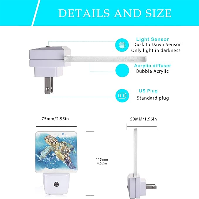 Turtle Night Light,Watercolor Sea Turtle Night Lights 0.5W Sleep Friendly for Boys Girls Led Night Light Dusk to Dawn Sensor Nightlight for Stairway/Hallway/Kitchen