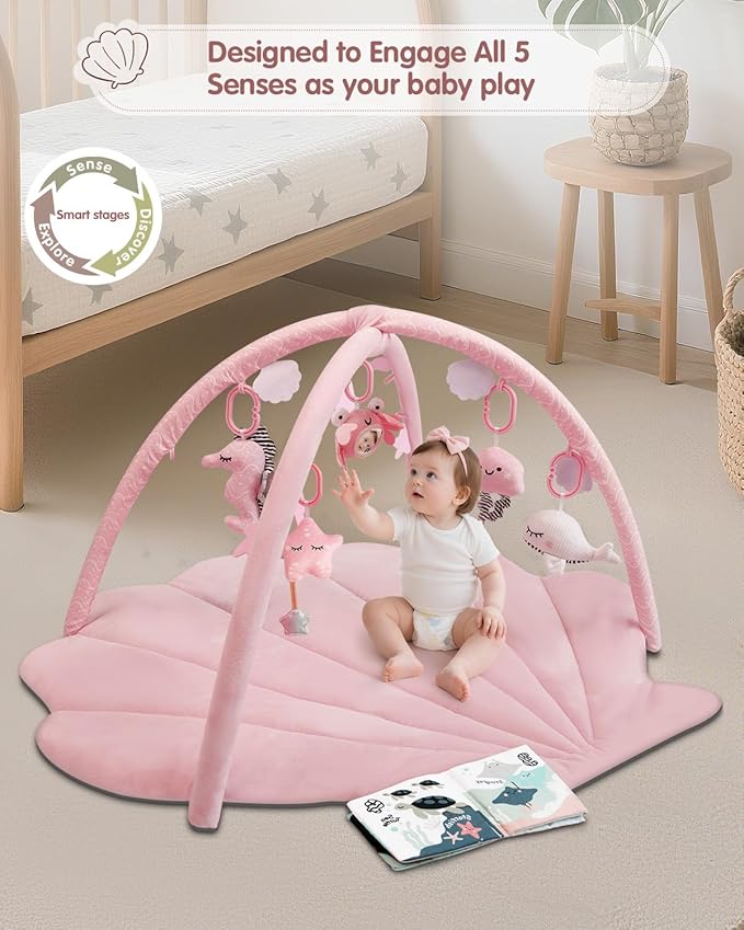 Baby Play Gym Mat, Oversize Baby Tummy Time Play Mat with 6 Detachable Toys for Sensory Exploration Motor Skill Development, Newborn Essentials Shower Gift Activity Mats for Babies 0-6 Months 6-12 Months