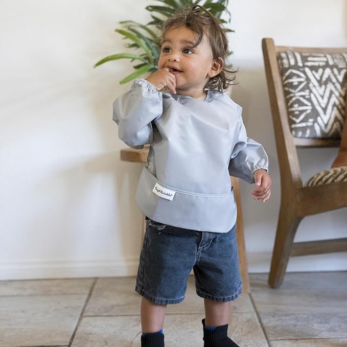 Tiny Twinkle Long Sleeve Bib for Babies & Toddlers – 2 Pack Waterproof Smock Bibs for Eating – Machine Washable & Mess-Proof, Baby Feeding Essential & Shower Must-Have (Grey Indigo,6–24M)