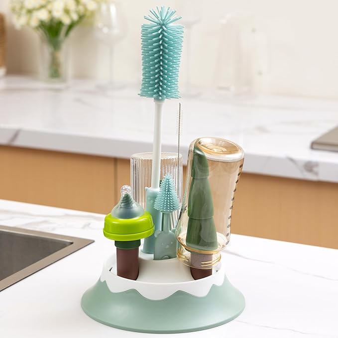 Chemimoso Baby Bottle Drying Rack and Cleaning Set, with Straight Silicone Baby Bottle Brush, Pacifier Brush, Straw Brush, Cup Lid Cleaning Brush, 2025 Xmas Holiday Surprise Gift for Newmom, Z Pink