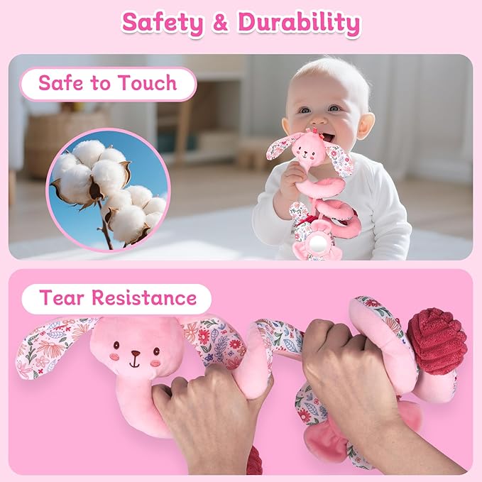 Hanging Car Seat Toys, Spiral Crib & Stroller Activity Toys with Rattles for Babies 0-6 Months, Baby Car Seat Accessories Toy for Developing Sensory & Motor Skills, Gift for Newborn Infant - Rabbit