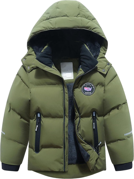 Kids Boy's Winter Coat Fleece Lined Waterproof Jacket Puffy Cotton Coat Thick Hooded Down Outdoor Coats