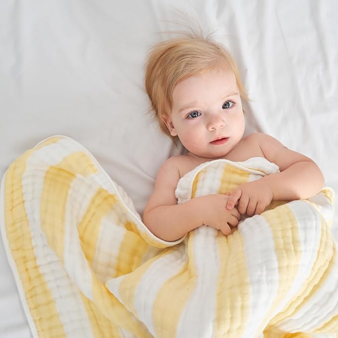 Muslin Hooded Baby Towel 4 Pack, Preuim Muslin 6 Layers Natural Cotton Baby Bath Towels, Soft and Comfortable for Boys,Girls (32 x 32, Yellow Striped and White)