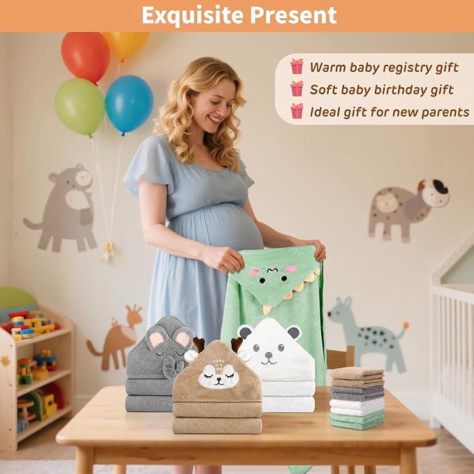 CandyHome 12 PCS Baby Bath Towels Set for Infants Toddlers, 4 PCS Animal Hooded Baby Towels & 8 PCS Washcloths Set, Ultra Absorbent Cute Soft Newborn Essentials Gift for Boys & Girls