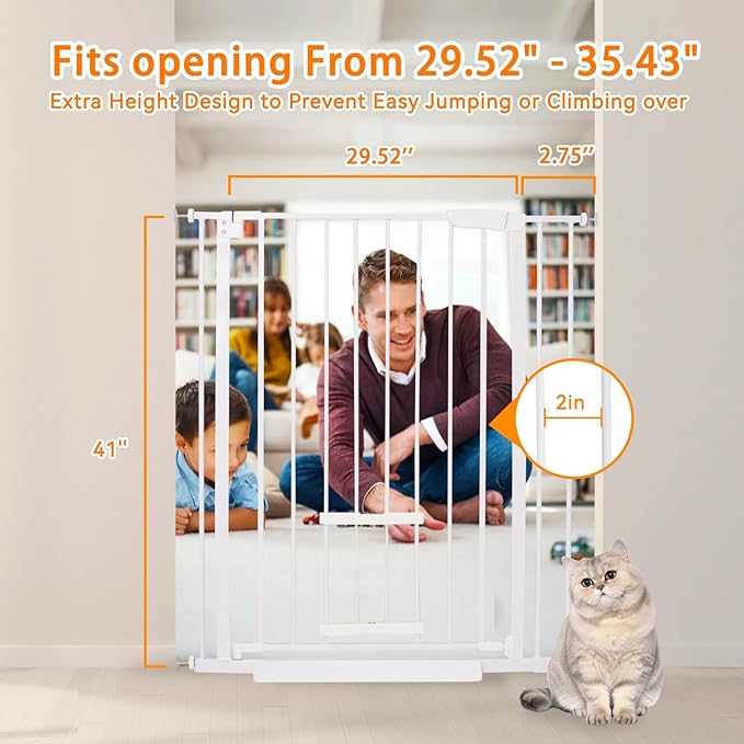 41 Inch Tall Baby Gate with Small Cat Door, Adjustable Auto Close Dog Gate Easy Walk Thru Pet Door for Stairs, Doorway, House (White, 29.52"-35.43")