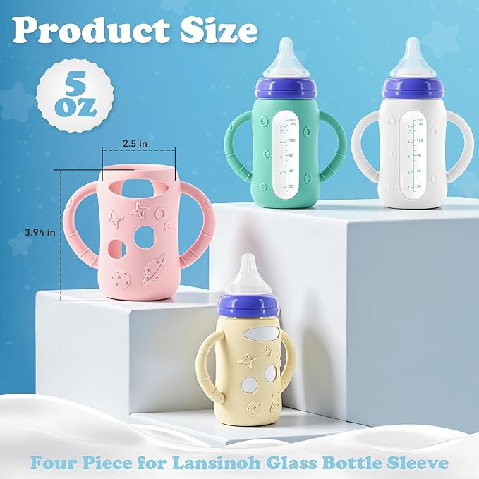 4-Pack Silicone Sleeves for Lansinoh Glass Bottles 5 oz- Starry Sky Design Baby Bottle Holder with Handles,Protectors for Lansinoh Natural Wave Glass Bottles, Anti-Scald Feeding Supplies