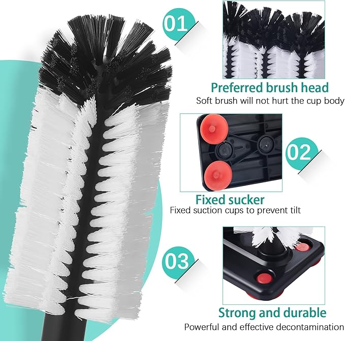 Havawish 2 Pack Water Bottle Cleaning Brush with Suction Base, 3 Head Bristle Bar Glass Washer for Sink, Cup Washer Brush Cleaner for Bar Beer Cup, Wine Glass (7.3 x 3.7 x 10.4)