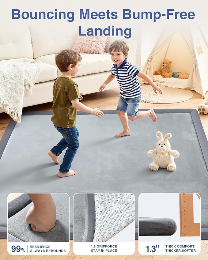 Baby Play Mat for Floor,1.3" Thick 59x71 Playpen Mat,Extra Large Tummy Time Foam Mats,Plush Soft Padded Playmate for Babies 6-12 Months Crawling,Non-Slip Nursery Rug for Toddler Kids Playroom(Grey)