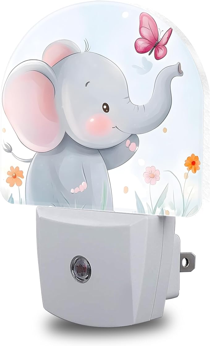 Floral Night Lights Plug into Wall Cute Elephant and Pink Butterfly Night Light Dusk to Dawn Smart Sensor Decorative Round Led Lamp for Bedroom Kitchen Hallway Nightlight for Women Men