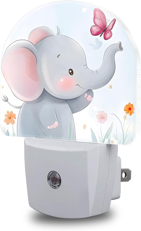 Floral Night Lights Plug into Wall Cute Elephant and Pink Butterfly Night Light Dusk to Dawn Smart Sensor Decorative Round Led Lamp for Bedroom Kitchen Hallway Nightlight for Women Men