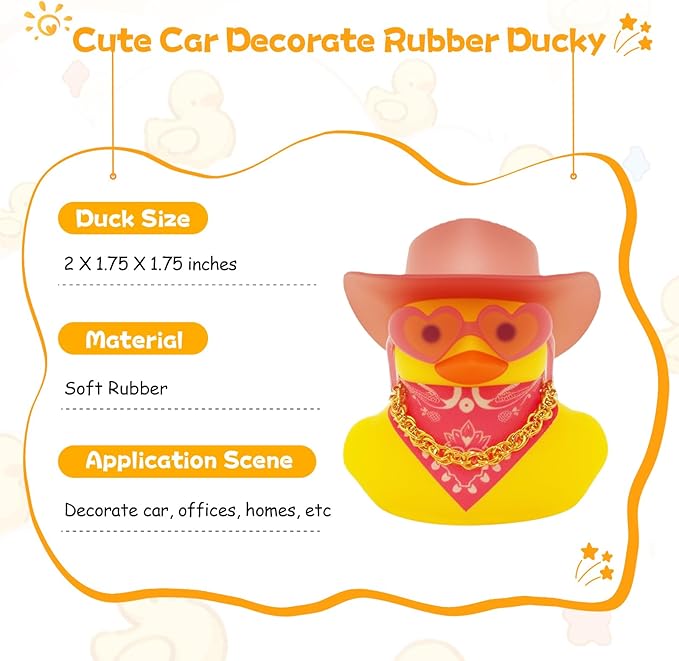 Quackly Pink Cowboy Rubber Duck, Car Dashboard Decoration Ducks with Cowboy Hat Necklace Sunglasses, Glitter Pink