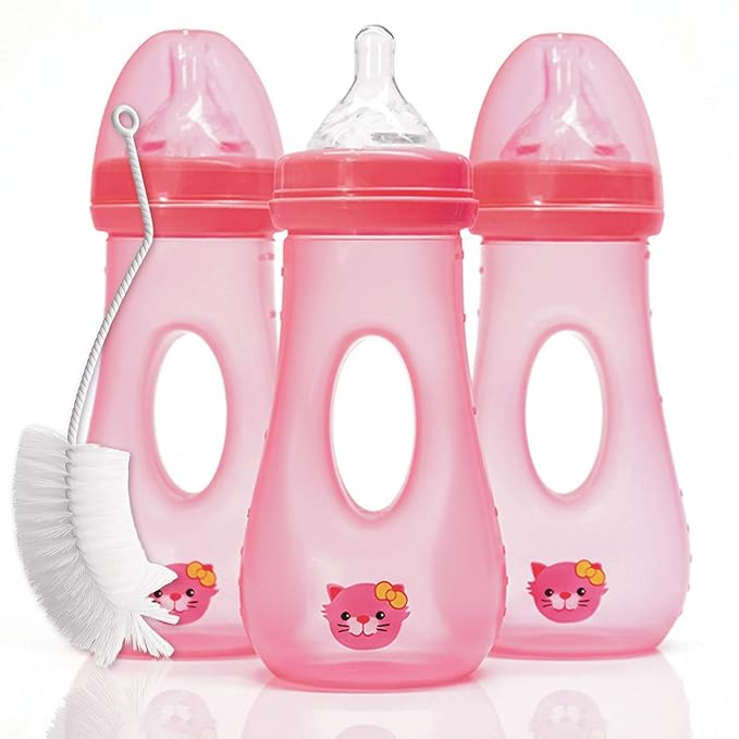 Avima Easy Grip Anti Colic Baby Bottles, BPA Free, 8 oz. Wide Neck w/Medium Flow Silicone Nipples & Bottle Brush Pink Set (Pack of 3)