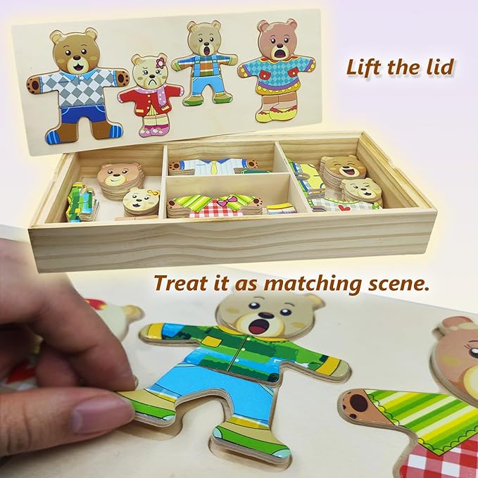 Wooden Bear Family Dress-up Puzzle Box for Toddlers(72pcs),Change Clothes Puzzle Games, Preschool Learning Activities Toys for Kids Ages 3+