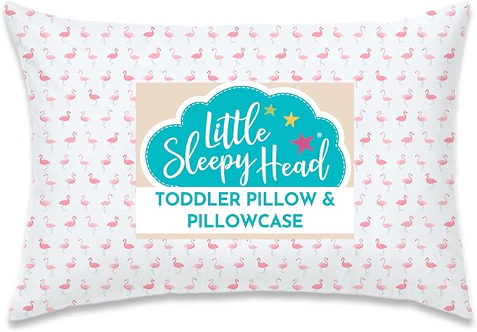 Little Sleepy Head Toddler Pillow with Pillowcase 13x18 - Kids Pillow for Sleeping - Better Neck Support Ergonomic Pillow and Toddler Pillowcase - Best Pillows for Kids (Flamingo Flock)