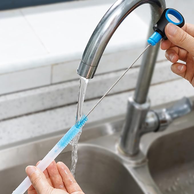 2-in-1 Water Bottle Brush and Straw Cleaner Brush, Long Handle Scrub Brush with Replaceable Head for Water Bottles, Glasswares, Mugs, Flasks, Tumblers, Vases, and Kitchen Sink, Breezy Blue