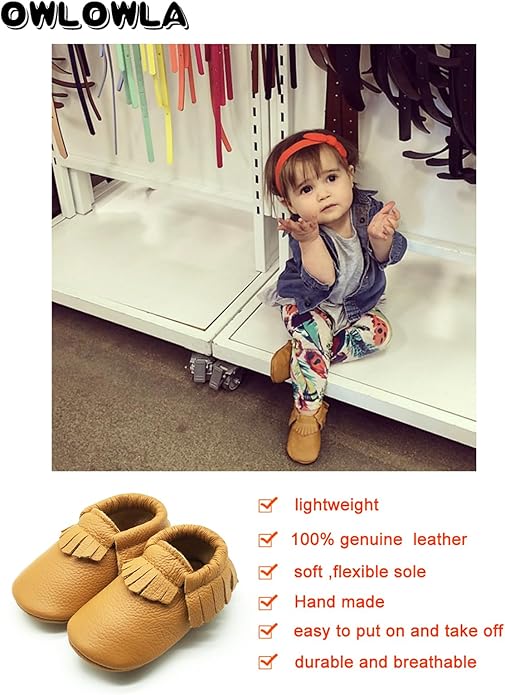 OWLOWLA Baby Moccasins Soft Sole Leather Baby Shoes Infant Toddler Pre-Walker Shoes Baby Boy Girl