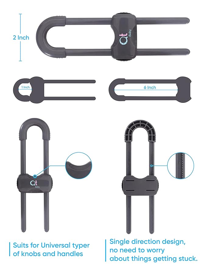 Pack of 12 - Baby Proofing Cabinet Locks Adjustable U Shaped Baby Safety Latches for Drawers, Fridge, Closet Modern Baby Proofing Cabinet Lock with Extra Secure Lock Buttons (Thunder Grey)