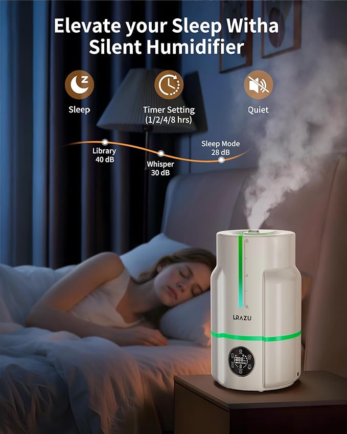 6L Humidifiers for Bedroom, 60H Runtime 26 dB Quiet Supersized Cool Mist Air Humidifiers for Large Room, Baby Nursery, Plant, Indoor, Night Light, Easy to Clean, Precise Humidity Control