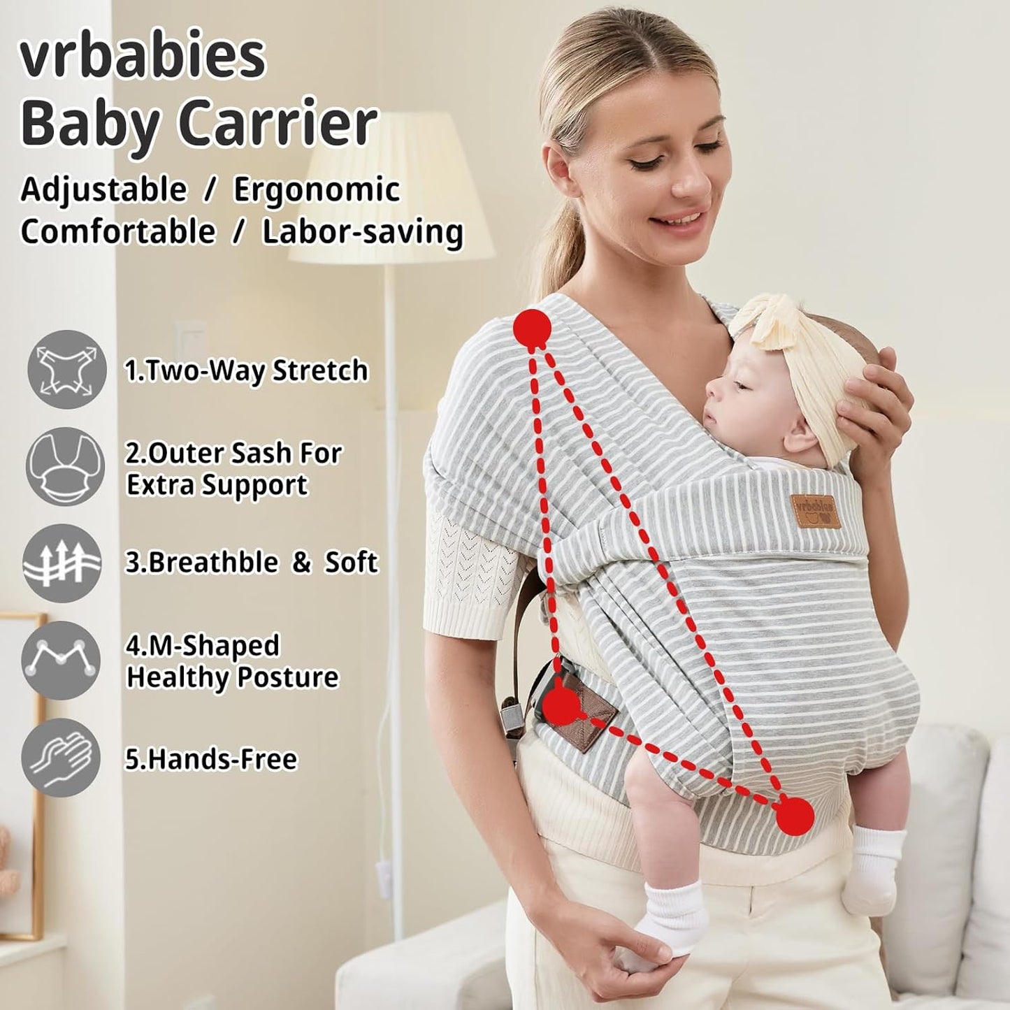 Baby Wraps Carrier Newborn to Toddler, Kangaroo Baby Easy Wearing Wrap, Adjustable Soft Baby Holder Front Chest Sling Carriers Perfect Infant Essentials Gifts (Striped Grey, Cotton)