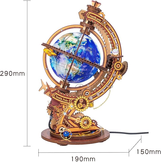 MU Model 3D Wooden Puzzles Rotating World Globes USB Charging Illuminated Craft Work 3D Metal Puzzles for Adult, Models Kits Music Boxes Miniature Building, DIY Set