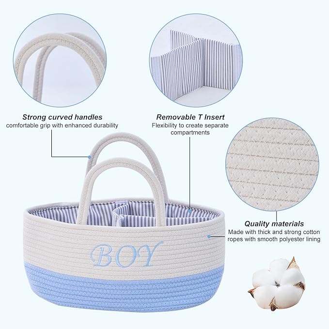 DUHEL Diaper Caddy Organizer with Handle,Baby Basket use for Diaper Organizer and Storage,Baby Boys Newborn Essentials,3 Compartments-Cotton rope Material Storage for Home or Travel.(White＆Blue)