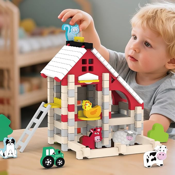 127PCS Wooden Building Blocks Set for Toddlers, Construction City Stacking Toys, Preschool Learning Educational Toys for Kids 3+ Years Girls and Boys (Farm)
