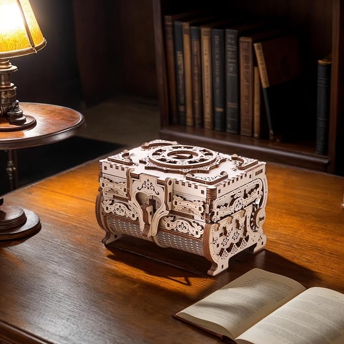 3D Wooden Puzzle for Adults Jewelry Box, DIY Mechanical Treasure Case, Decorative Jewelry Storage Kit, Vintage Laser Cut Model Craft, for Christmas, Birthday