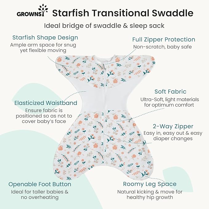 GROWNSY Transitional Swaddle Sleep Sack 3-6 Months,Cotton Starfish Design Baby Swaddle Sack, Dual-Zipper for Easy Diaper Changes, Proper Hip Development & Openable Foot Button, 12-20lbs, Spring Garden