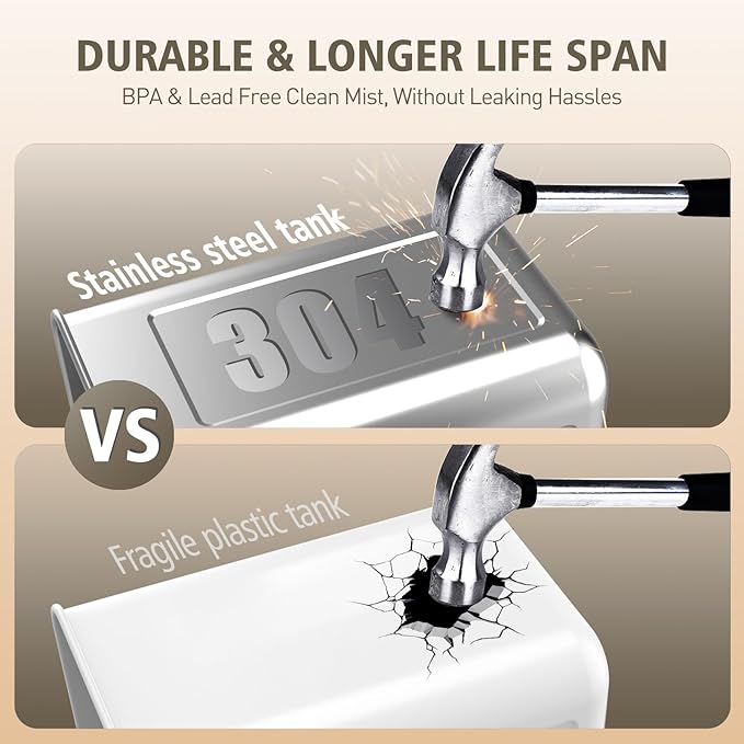 Stainless Steel Humidifier, Cool Mist Humidifiers with Only 3 Parts Easy to Clean, Top Fill Humidifier with 1-9H Timer, 30dB Whisper-Quiet, Filterless for Bedroom Large Baby Room Office