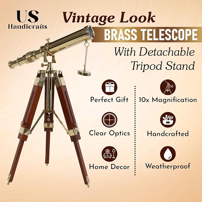 Vintage Brass Telescope on Tripod Stand – DF Lens Antique Desktop Telescope for Home Decor & Table Accessory | Nautical Spyglass for Navy & Outdoor Adventure