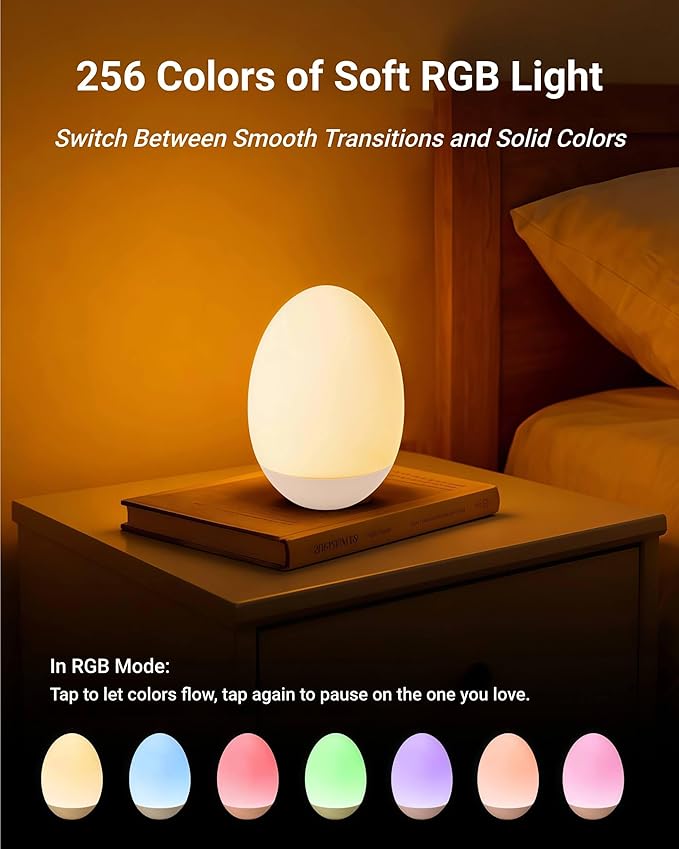 Egg Baby Night Light for Nursery & Breastfeeding – Portable Touch Light with 7 RGB Colors, Stepless Dimming, Rechargeable, BPA-Free Soft Silicone, Compact Lamp for Kids & Newborns