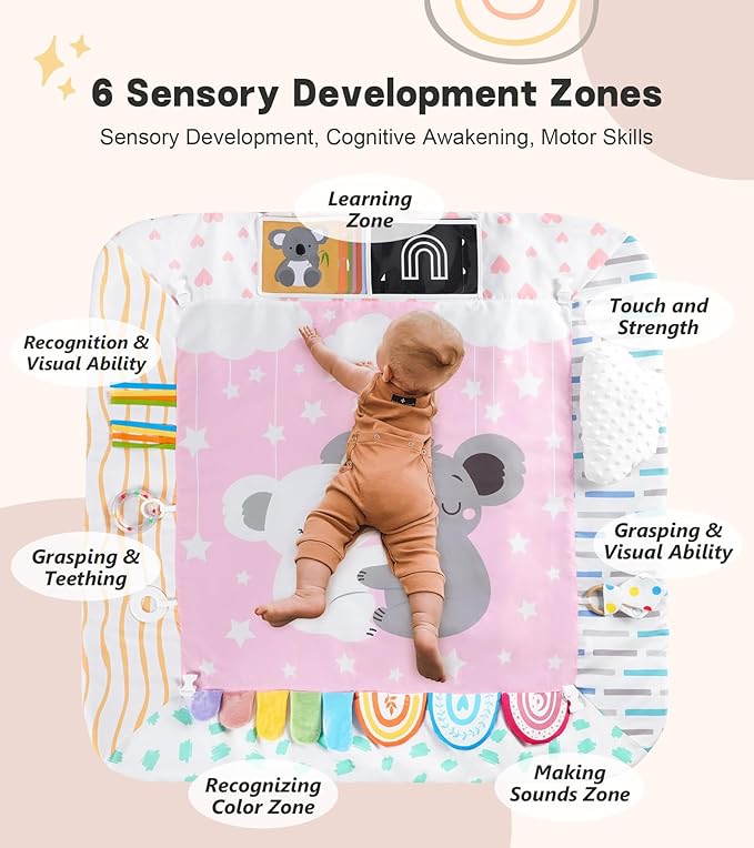 Baby Play Mat Activity Gym with Tummy Time Pillow, 6 Developmental Zones Tummy Time Mat, 6 Detachable Sensory Toys and Educational Cards, Essential Baby Shower Set, Pink Koala