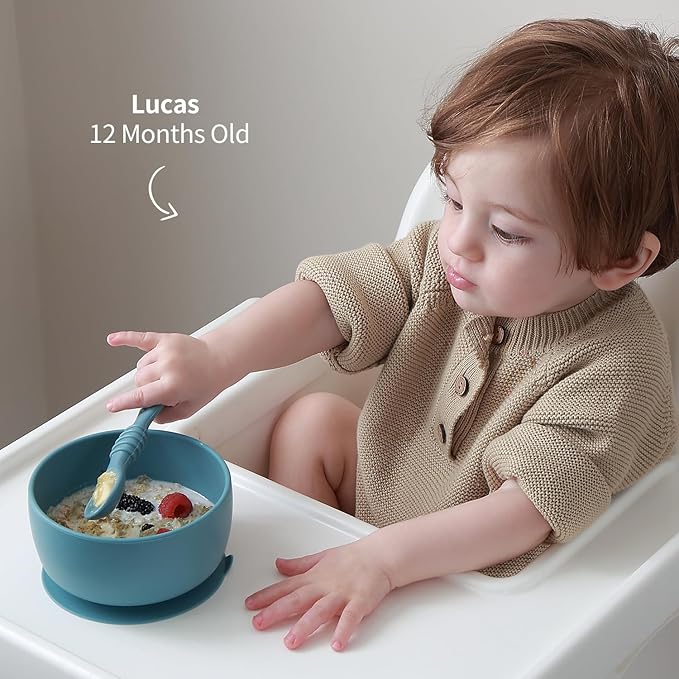SAMiGO Silicone Baby Bowl and Spoon Set with Suction and Lid, First Stage Self Feeding Essentials, Food Bowl for 6+ Months