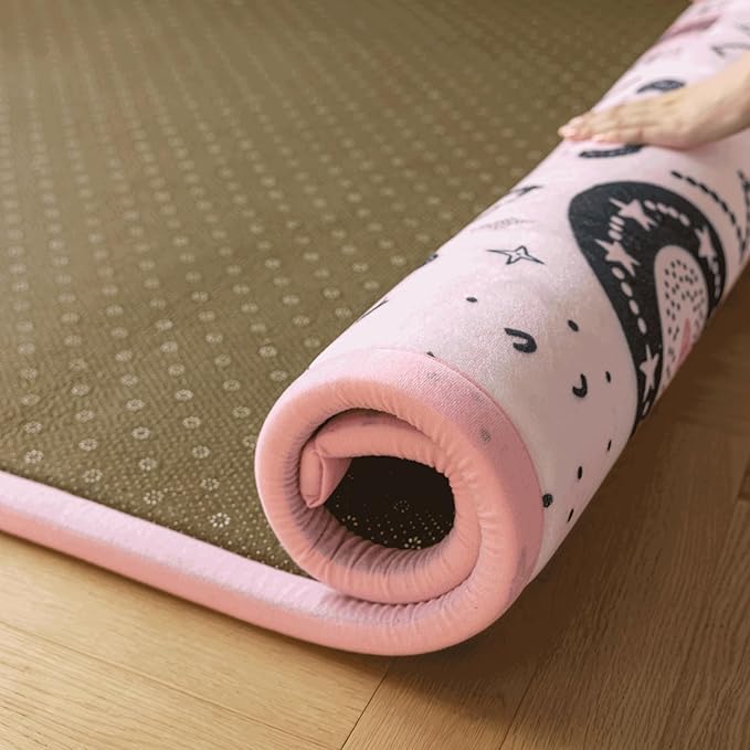 Loartee Rainbow Kids Play Mat - 1" Thick Baby Nursery Rug, Soft Crawling for Toddlers, Coral Velvet Memory Foam Tummy Time, Pink, 59"x59"