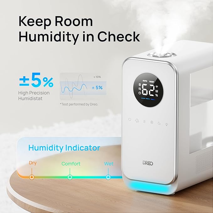 Dreo Humidifiers for Bedroom, Top-filled Smart Quiet Cool Mist Humidifier for Large Room, 50 Hours Runtime for Home, Indoor Plants, Oil Diffuser & Nightlight for Baby Nusery, 5L, with Alexa/Google