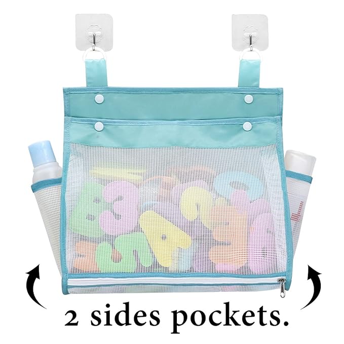 Bath Toy Organizer Multiple Ways to Hang, Extra Large Opening Bathroom Toy Holder, Bottom Zipper Bathtub Toy Storage Bag (Blue)