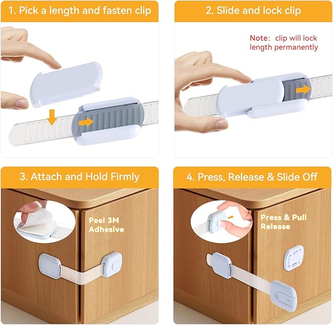 10-Pack Child Safety Cabinet Locks，Adjustable No Drilling Baby Proofing Strap Latches for Drawers,Cupboard,Cabinets,Fridge,Toilet Seat,Door,Closet–No Tool Easy 3M Adhesive Installation