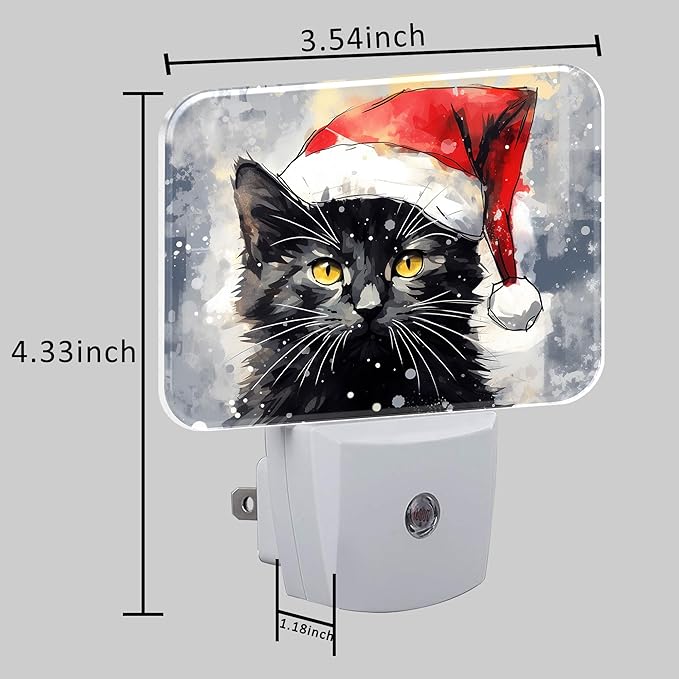 Cute Black Cat with Santa Hat Night Light for Kids, Christmas Cat LED Night Light Plug into Wall with Dusk to Dawn Sensor for Girls Boys Women Bedroom,Hallway,Kitchen,Bathroom,Stairs Decor