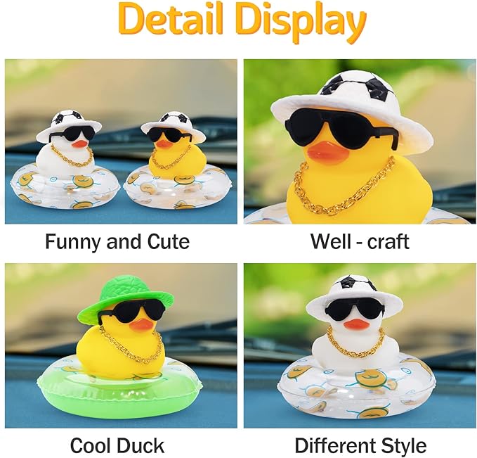 wonuu Car Rubber Duck, Yellow Duck Decoration Dashboard with Sun Hat Swim Ring Necklace Sunglasses for Car Dashboard Decorations