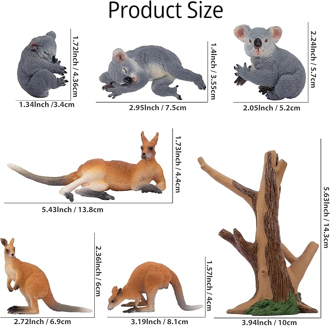 Toymany 7PCS Australian Wildlife Animal Figurines Includes Koala and Kangaroo Figure Toy, Plastic Forest Animal Figures Toy Set, Cake Toppers Christmas Birthday Gift for Kids Toddlers