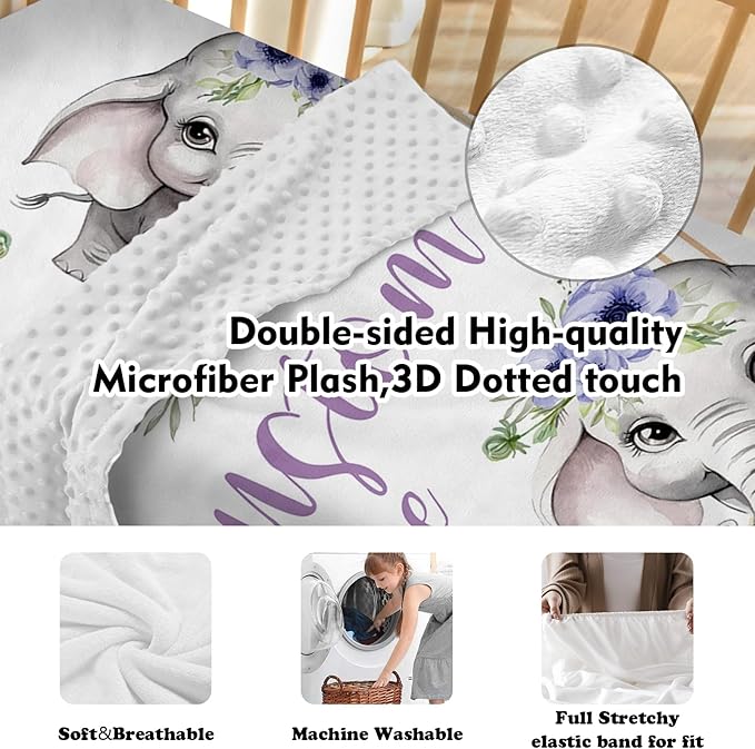 Personalized Baby Crib Bedding Set for Baby Girls, Purple Flower Pattern Elephant Theme Custom Name Baby Crib Sets 5-Pcs, Toddler Double Layer Blanket Fitted Sheets Changing Pad Cover Rug Wall Art Set