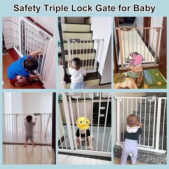 WAOWAO Triple Lock 77.17-84.65" Baby Gate Extra Wide Pressure Mounted Walk Through Swing Auto Close Safety Black Metal Dog Pet Puppy for Stairs,Doorways,Kitchen