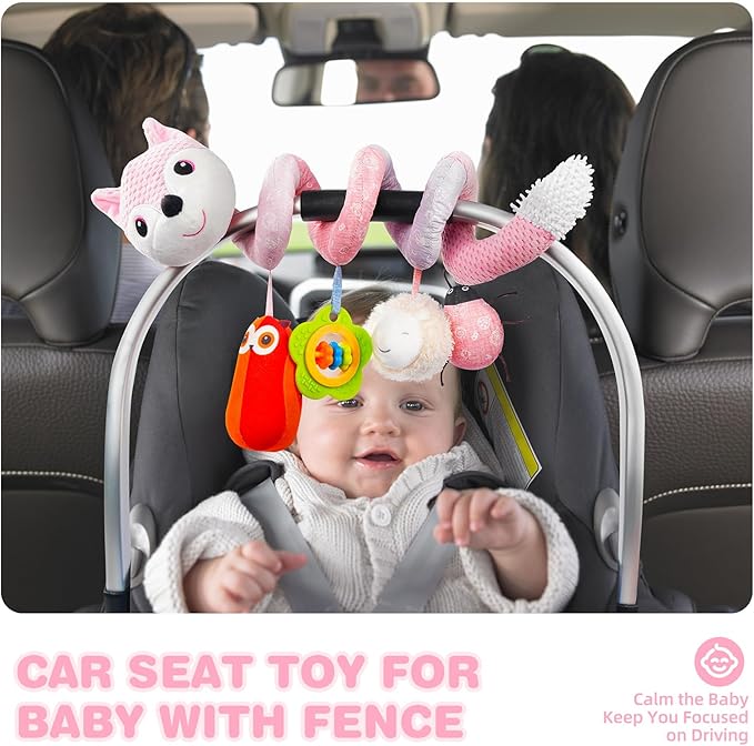 Jollybaby Crib Stroller Car Seat Toys for Baby 0-3-6-9-12 Months, Tummy Time Hanging Sensory Toys for Newborn with Music Box and Teether, Spiral Carseat Toy for Infant Boys Girls Gifts (05-Pink Fox)