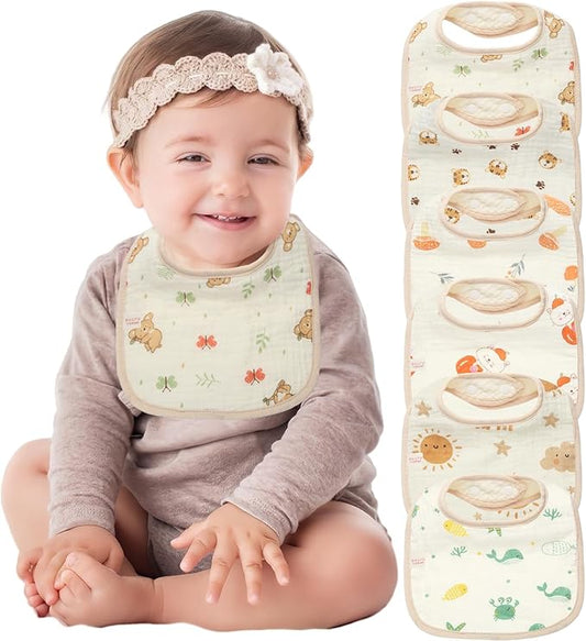 Muslin Baby Bibs,Pure cotton absorbent and breathable, suitable for boys and girls aged 0 to 36 months, 6-piece set
