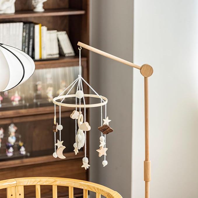Wooden Floor-Standing Crib Mobile Arm Pro 61 Inches for Baby Nursery-Movable Baby Mobile Hanger with Strong Anti-Dumping Attachment-100% Natural Beech Wood-Thicker Wooden Pole-UpgradeThickened