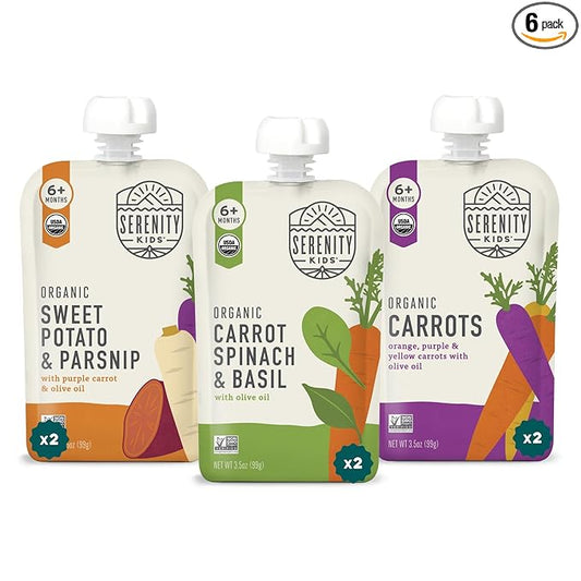 Serenity Kids 6+ Months Certified Organic Baby Food Pouches Veggie Puree - No Sugary Fruits/Added Sugar - 3.5 Oz BPA & Allergen-Free Packaging - Garden Variety Pack - 6 Count Veggie Puree Pouches