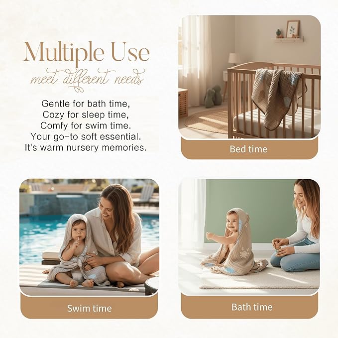 Ultra-Soft Muslin Baby Hooded Towel - 32 x 32 Inches, Ideal for Bath & Beach, Suitable for Both Boys & Girls from Newborns to Toddlers（Ocean Coffee
