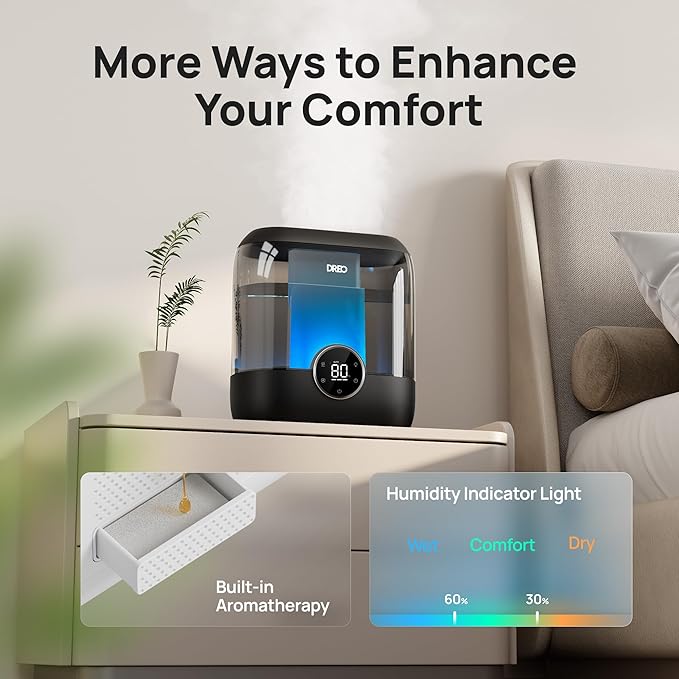 Dreo Smart Humidifiers for Bedroom, 6L Top Fill Supersized Cool Mist Humidifier for Large Room, 60 Hour Runtime, Quiet Ultrasonic Humidifier for Plants, Baby, Indoor, Home, Night Light, Black